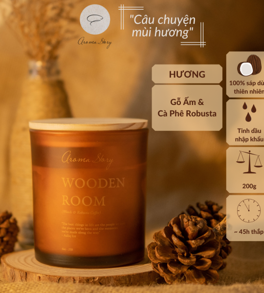 Nến Thơm Cốc Thủy Tinh Hương Cà Phê Robusta & Gỗ Ấm Wooden Room Aroma Story 200g