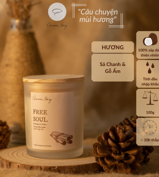 Nến Thơm Cốc Thủy Tinh Hương Sả Chanh & Gỗ Ấm Free Soul Aroma Story 100g