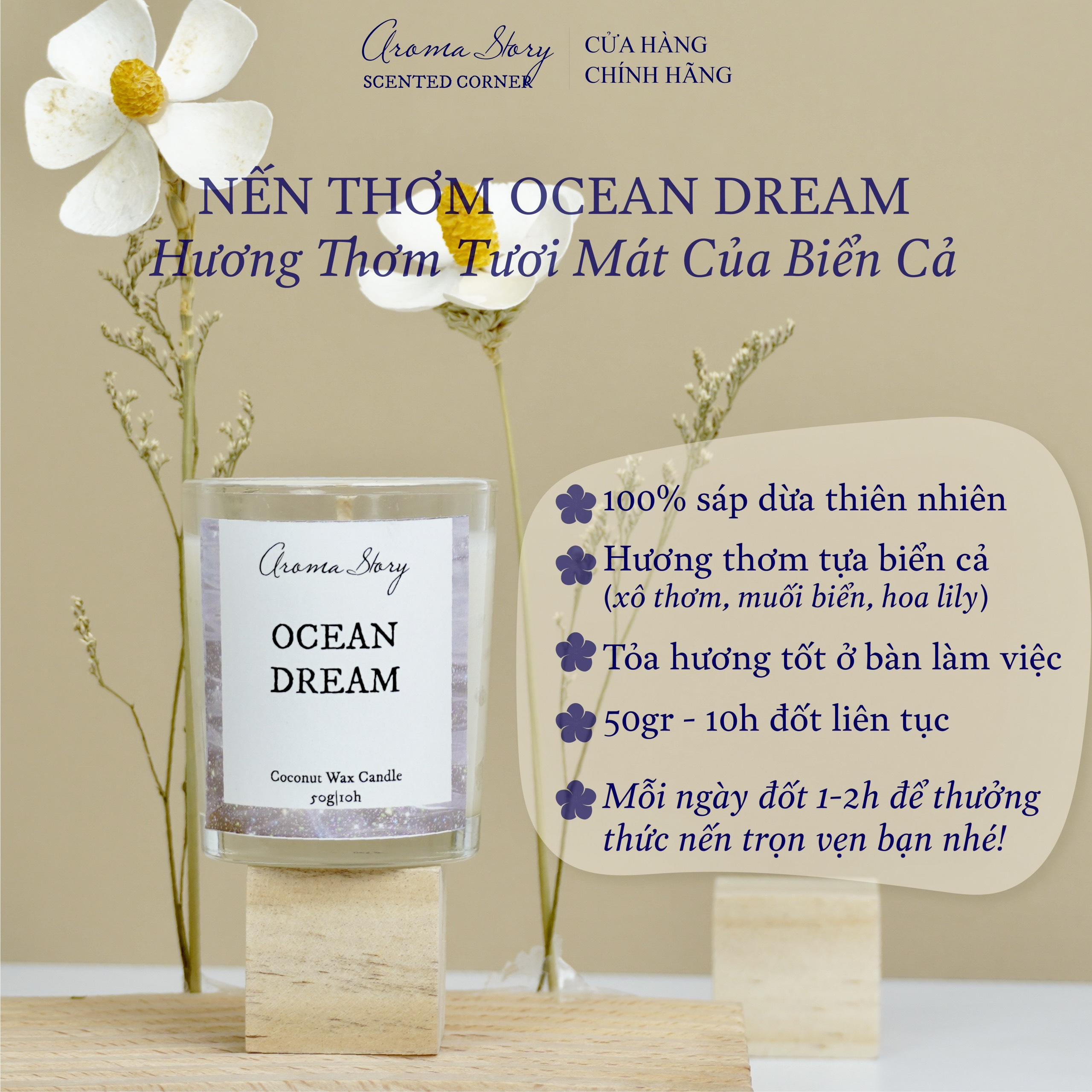 Nến Thơm Mini Hương Xô Thơm, Muối Biển & Lily Ocean Dream Aroma Story Size 50g